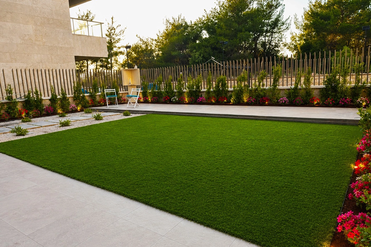 Artificial grass installation around a swimming pool in Lebanon