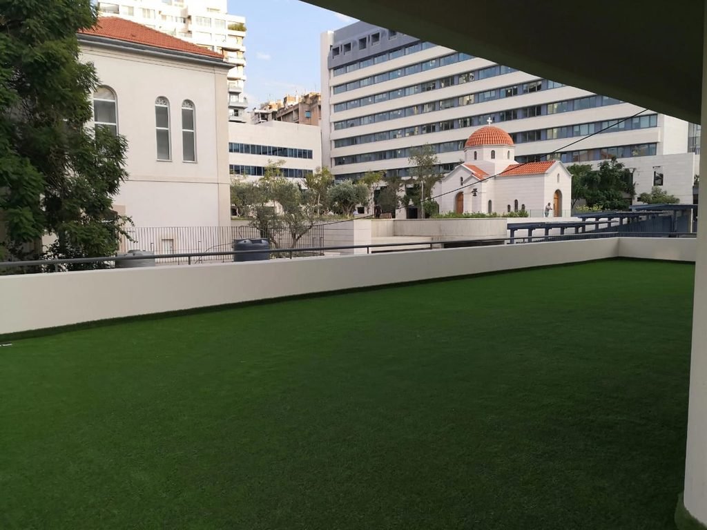 Artificial grass installation at Saint George Hospital in Achrafieh, Beirut, Lebanon