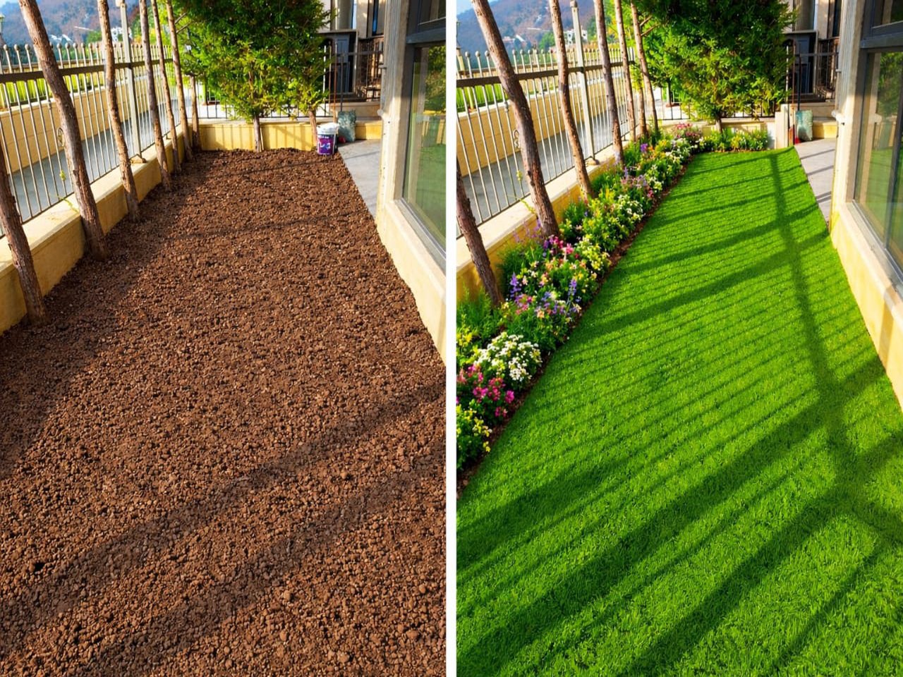 Ground preparation before and after artificial grass installation in Lebanon